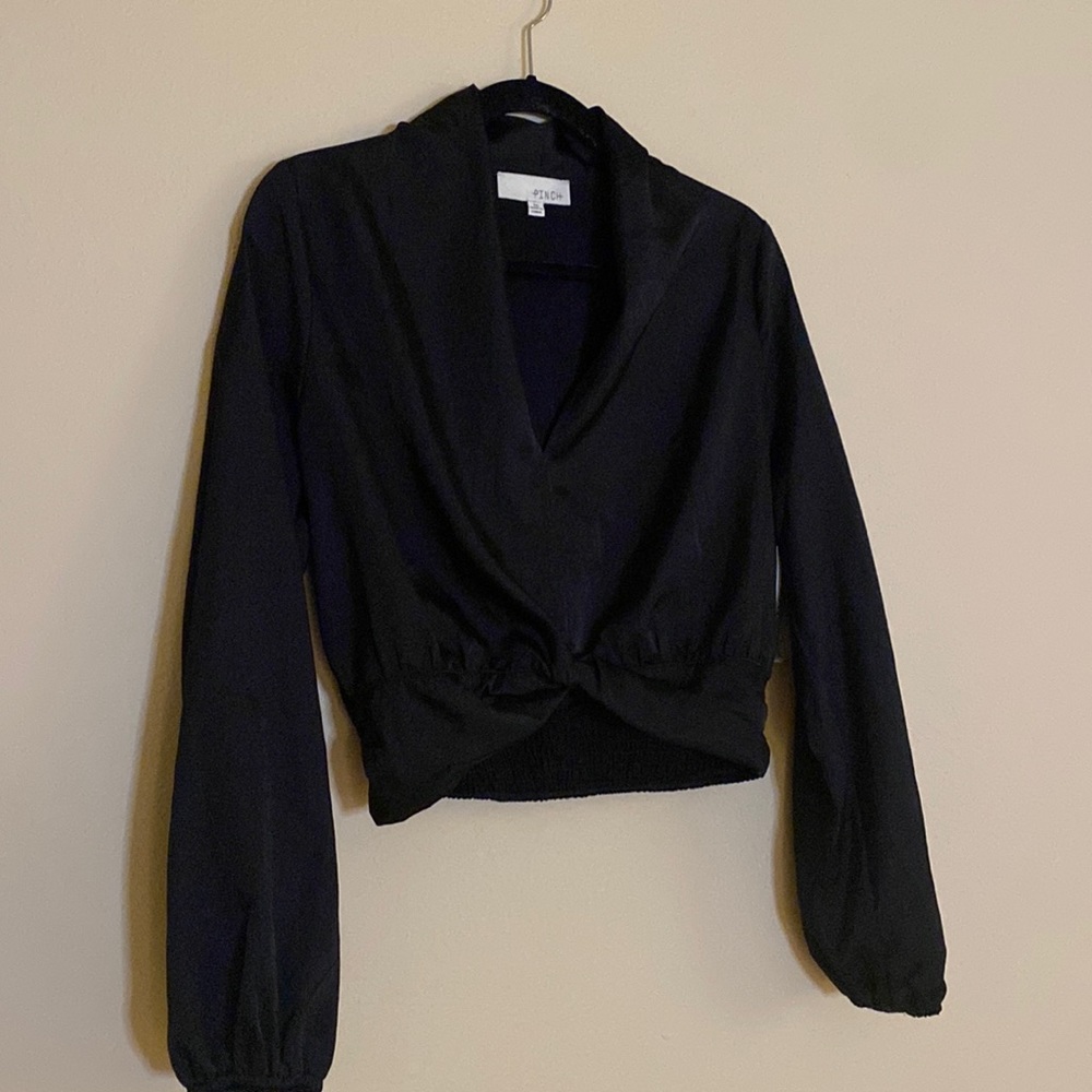 Black smocked waist silky long sleeve blouse medium cropped NWT